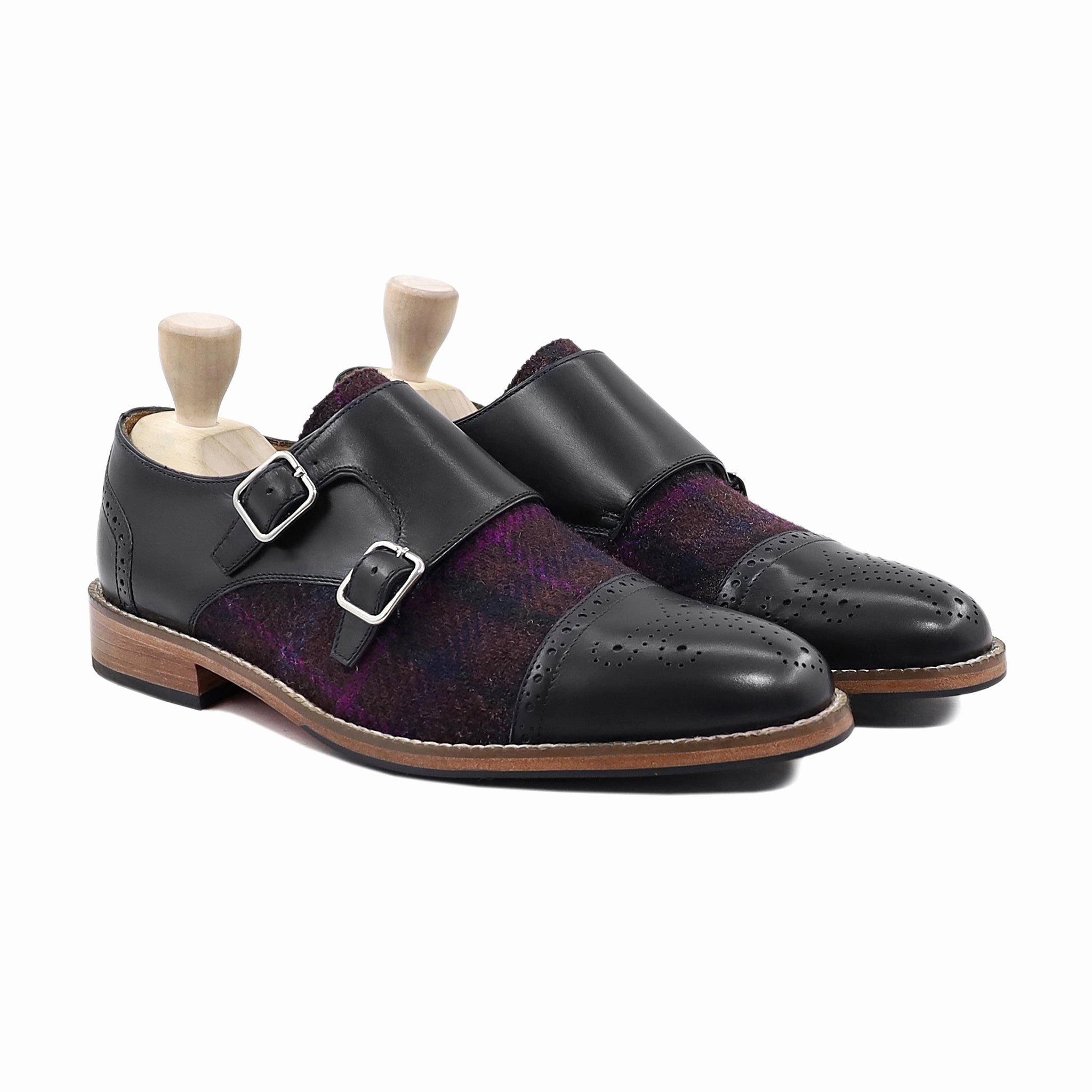 Treva - Men's Black Calf Leather and Harris Tweed Double Monkstrap Branford Casual Dress Oxfords