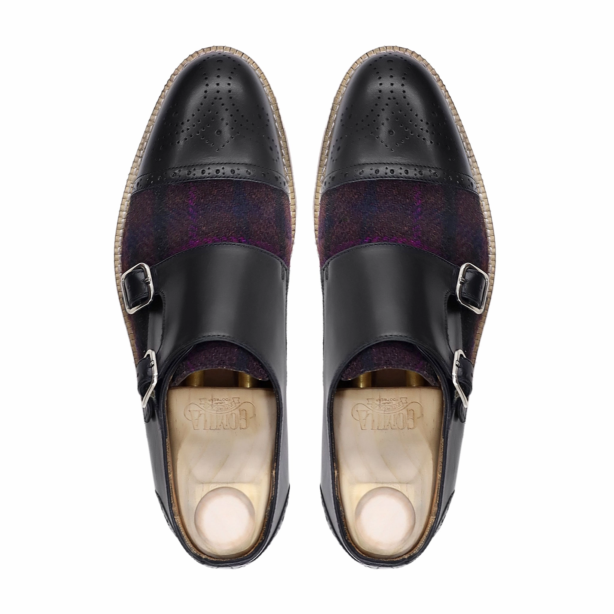 King Oxford Al Treva - Men's Black Calf Leather and Harris Tweed Double Monkstrap