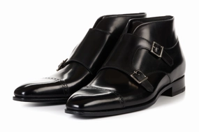 The Heston Double Monk Strap Boot - Nero Black Brogue Shoes