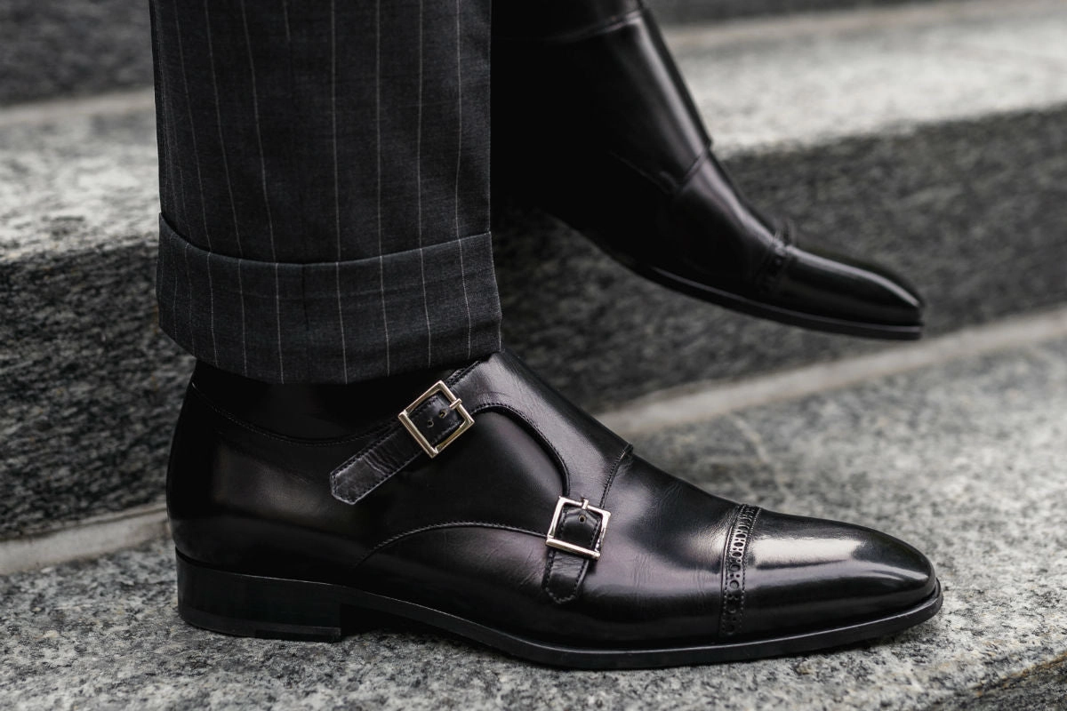 Navy Brogue Shoes The Heston Double Monk Strap Boot - Nero