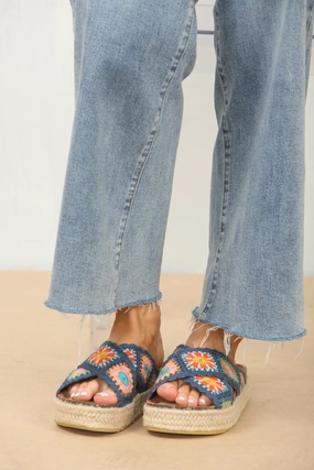 NAVY CROCHET DETAIL CROSS STRAP PRINTED SANDALS Junior Maccy Softy T Mary Jane Shoes