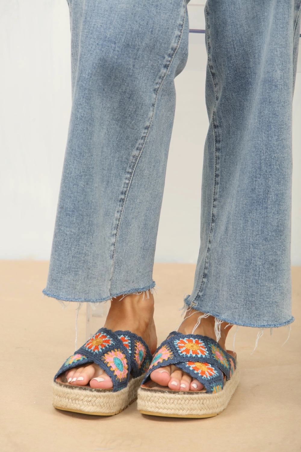 Mary-jane Shoes NAVY CROCHET DETAIL CROSS STRAP PRINTED SANDALS