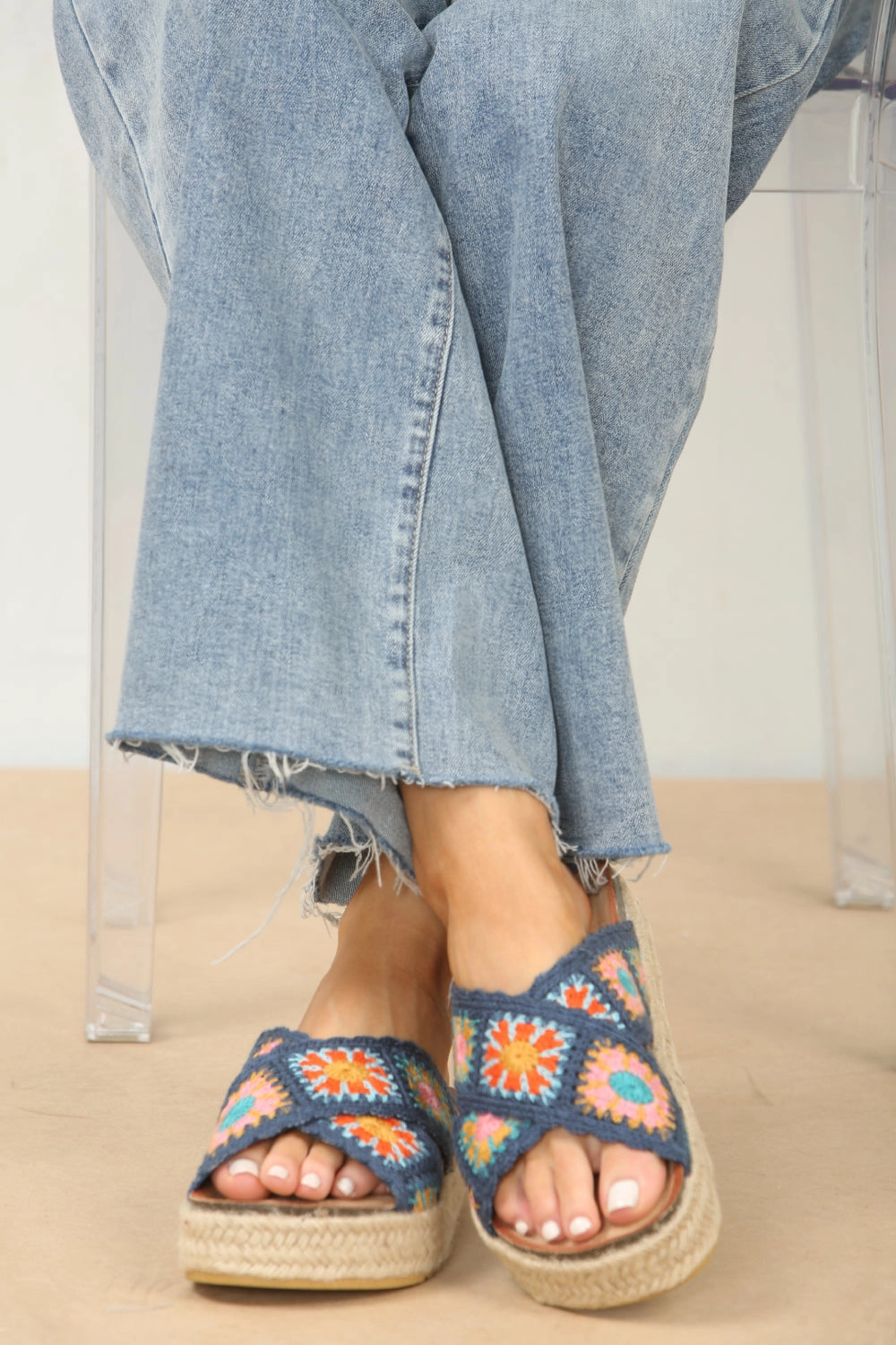 NAVY CROCHET DETAIL CROSS STRAP PRINTED SANDALS Pavers Loretta Mary Jane Shoes