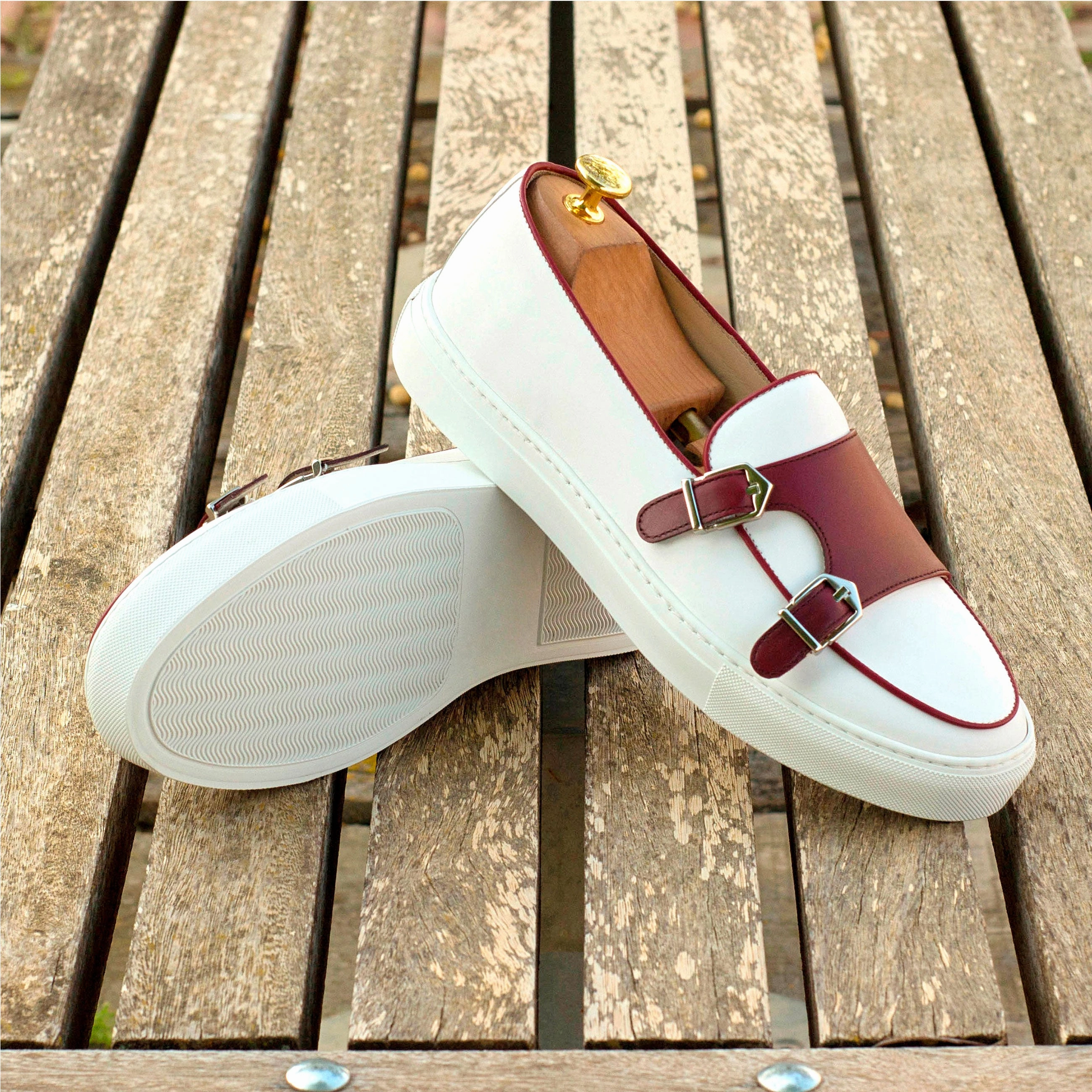 White & Burgundy Nappa Double-Monk Sneakers Bertie Brogue Shoes