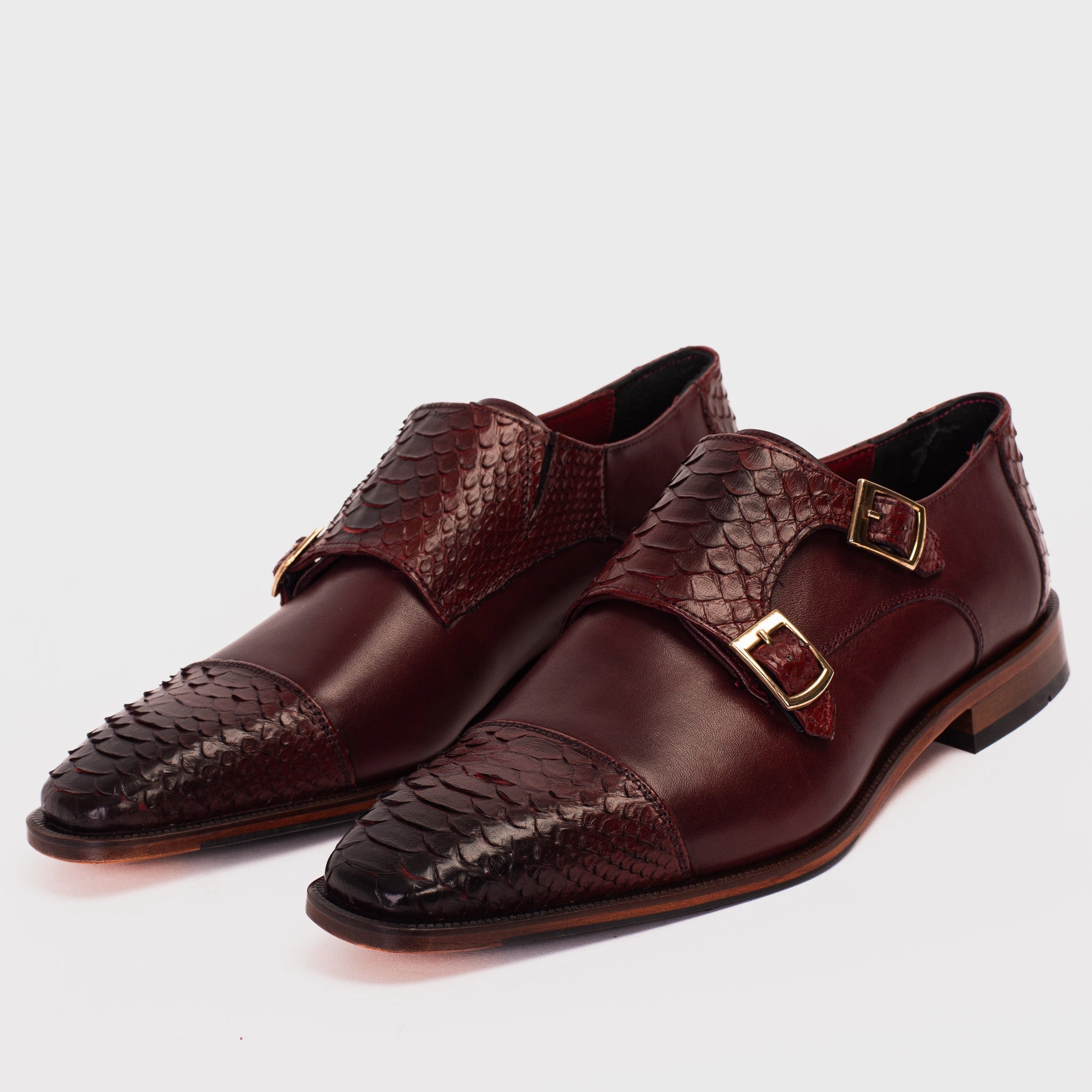 The Bishkek Burgundy Leather Cap Toe Double Monk Strap Men  Shoe Meli Brogues
