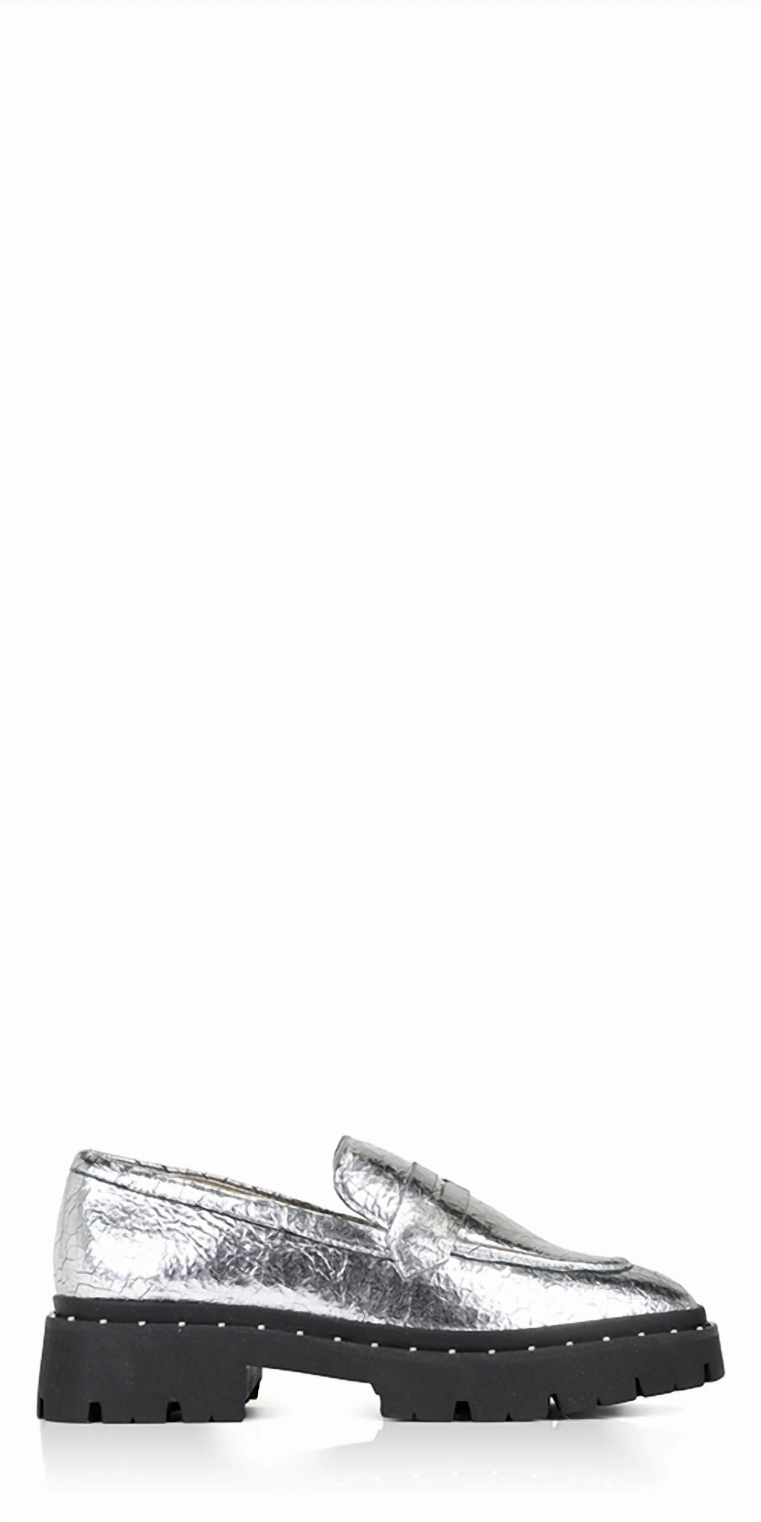 Women's Christie Studs Crackled Leather Loafer In Silver Moc Toe Loafers