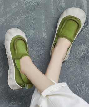Mary Janes Shoes. Platform Shoes Handmade Flat Feet Cowhide Splicing Leather Green