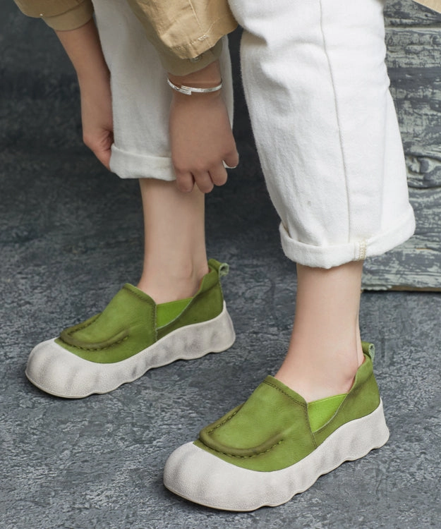 Platform Shoes Handmade Flat Feet Cowhide Splicing Leather Green