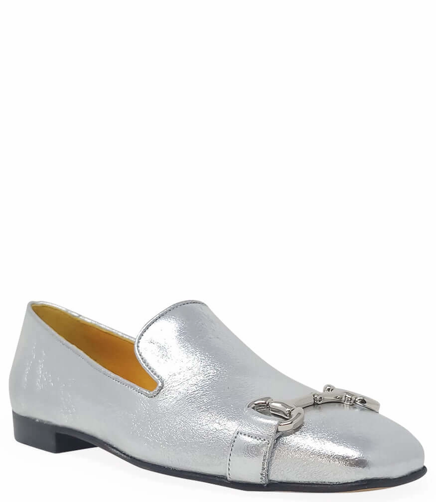 Silver Leather Square Toe Loafer Wide Penny Loafers