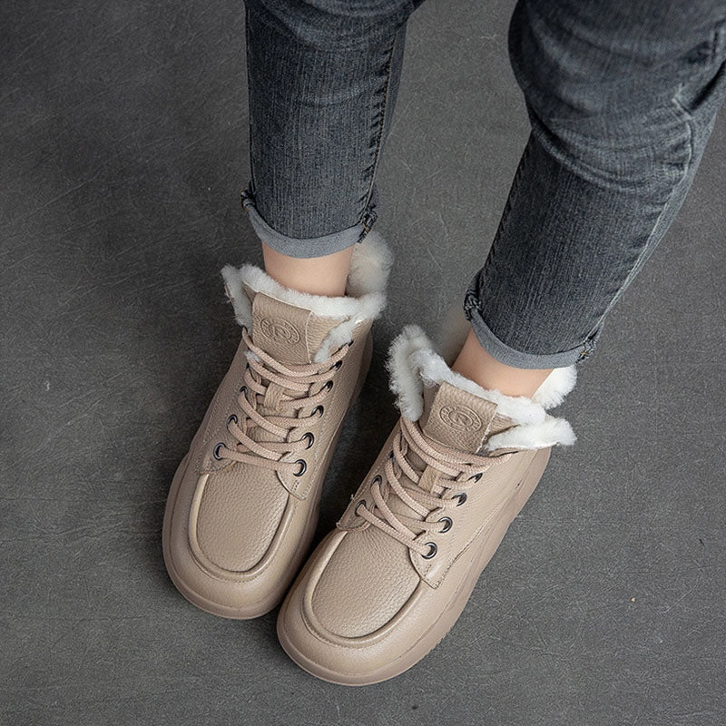 Women Casual Leather Woolen Snow Boots Crane Snow Boots