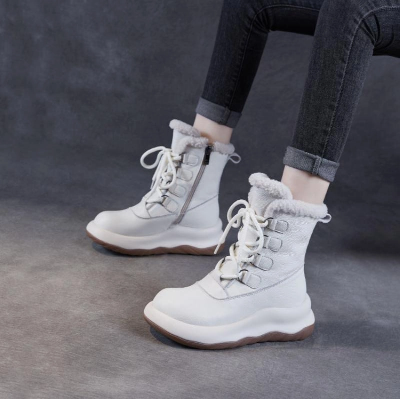 Waterproof Snow Boots Women Minimalism Fashion Leather Mid-Calf Snow Boots