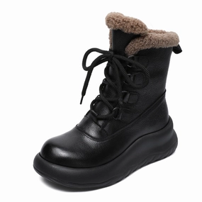 Beige Snow Boots Women Minimalism Fashion Leather Mid-Calf Snow Boots