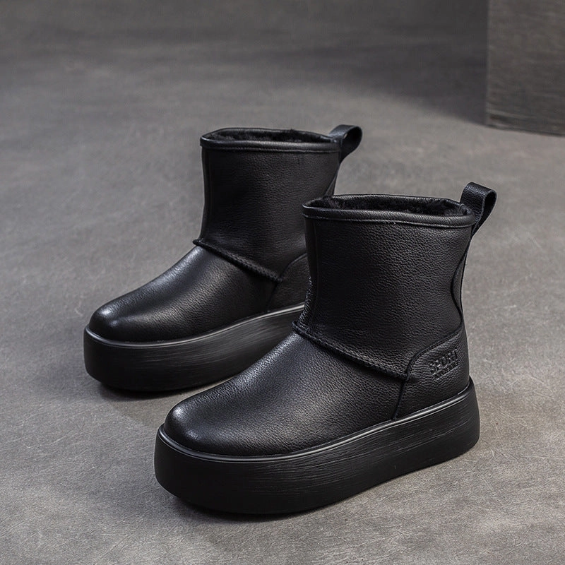 Women Minimalism Solid Leather Furred Snow Boots Trending Snow Boots