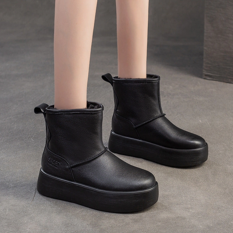 Women Minimalism Solid Leather Furred Snow Boots Vans Waterproof Snow Boots