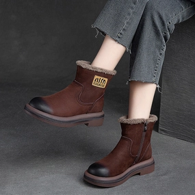 Women Retro Leather Patchwork Furred Snow Boots Best Snow Boots On Ice