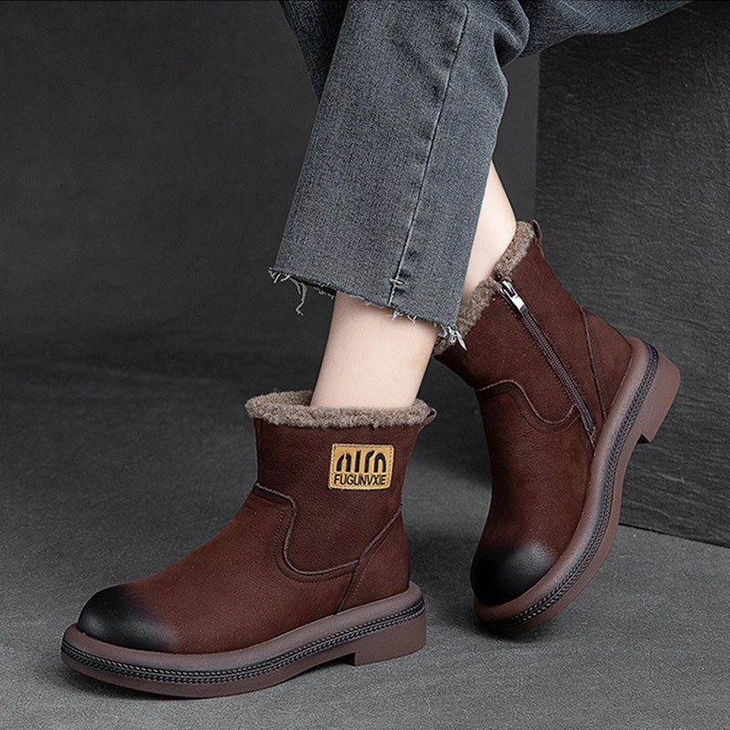 Women Retro Leather Patchwork Furred Snow Boots Ankle Winter Snow Boots