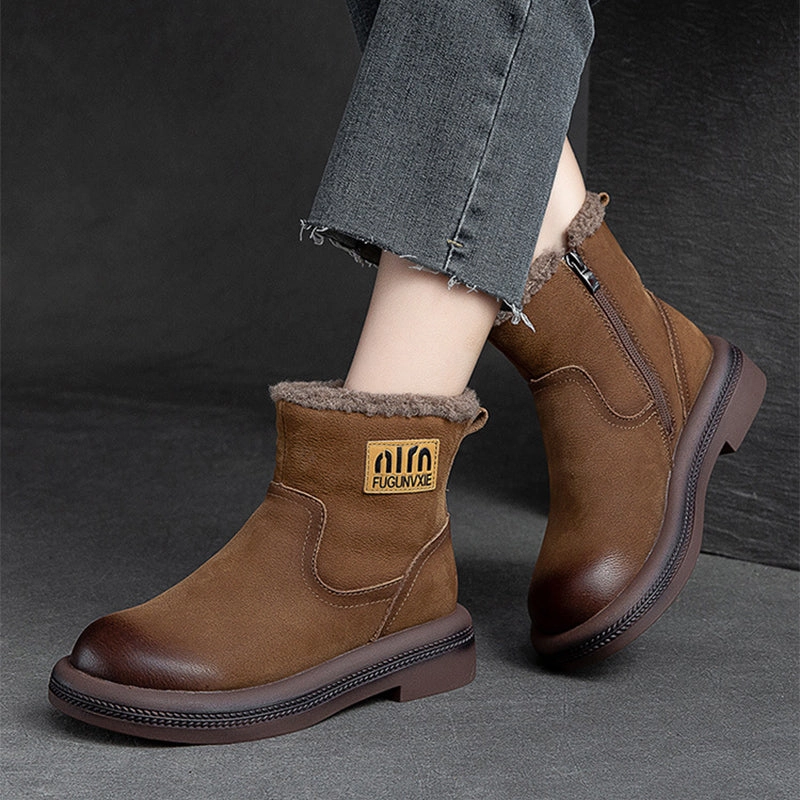 Brand Name Snow Boots Women Retro Leather Patchwork Furred Snow Boots