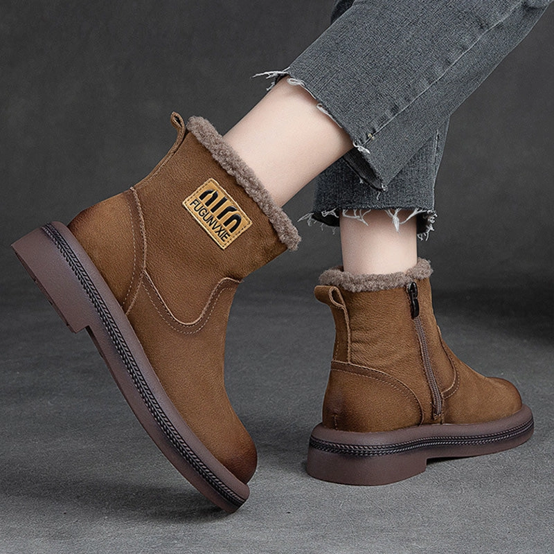 Women Retro Leather Patchwork Furred Snow Boots Snow Boots Zipper