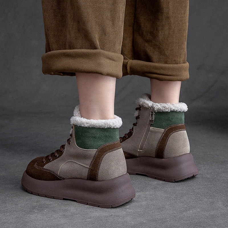 Women Retro Patchwork Leather Furred Snow Boots Warmest Waterproof Snow Boots