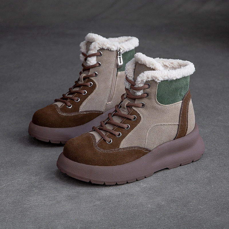 Women Retro Patchwork Leather Furred Snow Boots Soft Sole Snow Boots
