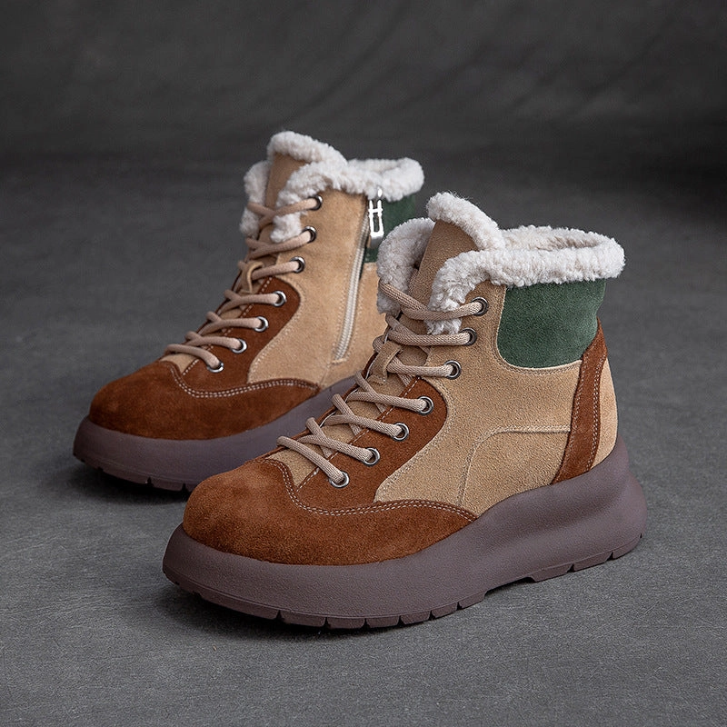 Bloomingdales Snow Boots Women Retro Patchwork Leather Furred Snow Boots