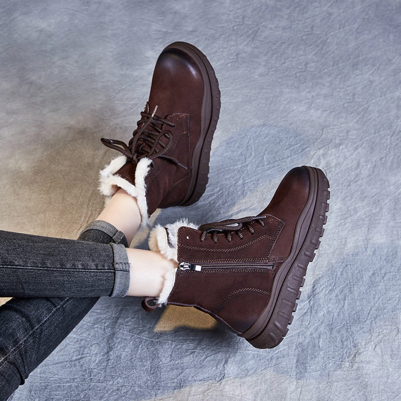 Women Retro Thick Soled Leather Snow Boots Stride Rite Snow Boots