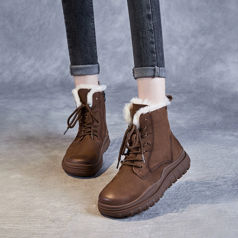 Women Retro Thick Soled Leather Snow Boots Duluth Snow Boots