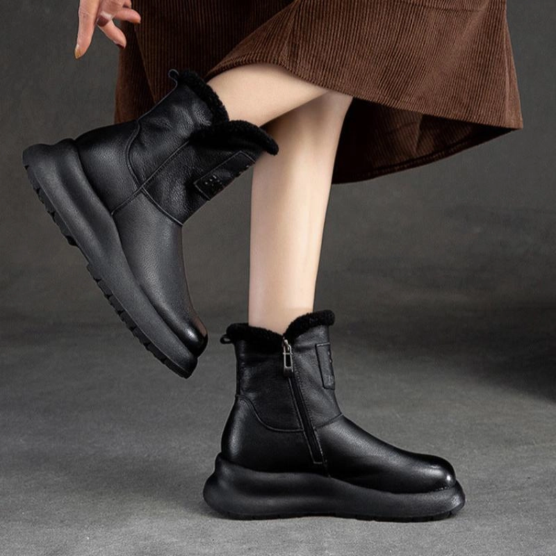 Women Simple Solid Leather Winter Furred Snow Boots Best Snow Boots For New York