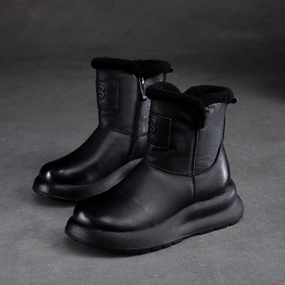 Women Simple Solid Leather Winter Furred Snow Boots Primigi Snow Boots