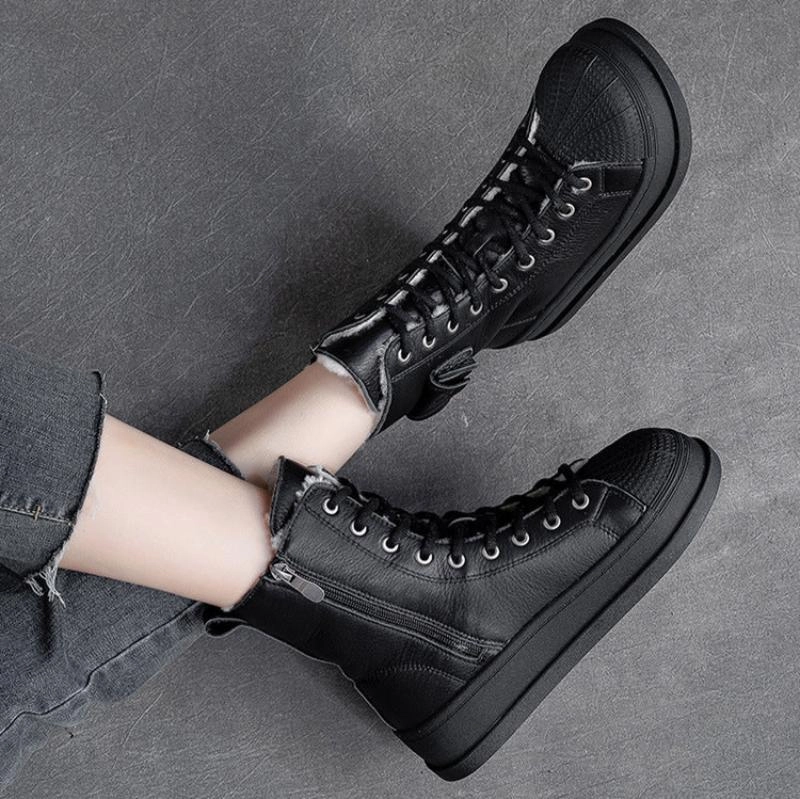 Snow Boots With Cleats Women Winter Solid Leather Furred Snow Boots