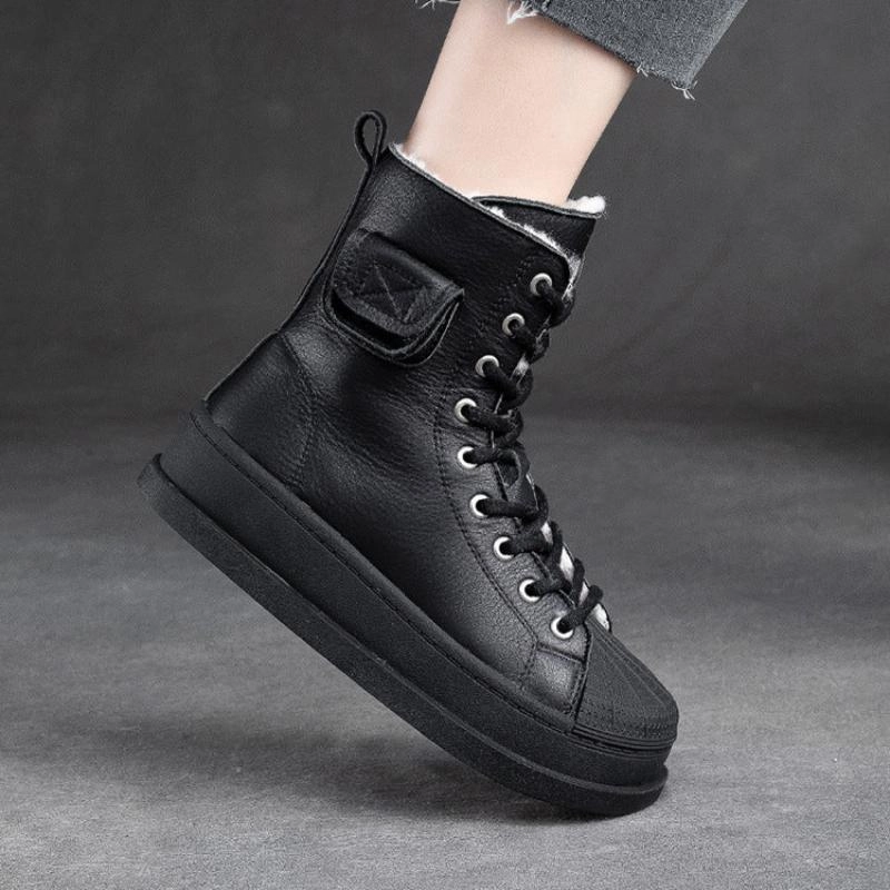 Snow Boots With Retractable Cleats Women Winter Solid Leather Furred Snow Boots