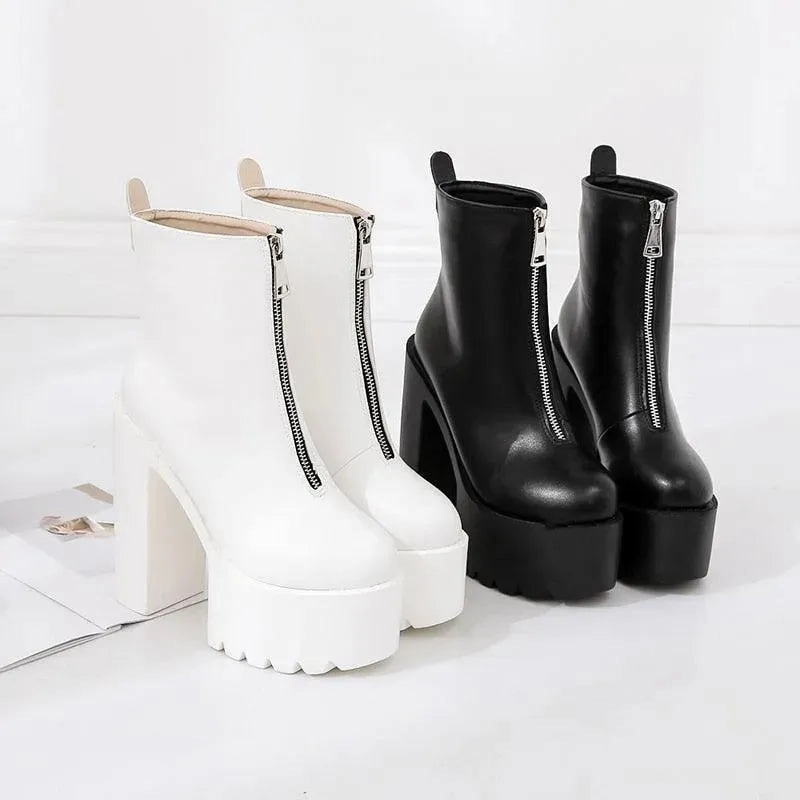 Zipper Platform Heel Boots Walking Mary Janes Shoes